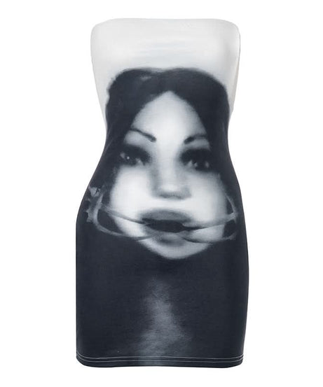 Mysterious Muse Portrait Tube Mini Dress - Edgy Fall Party & Halloween Chic