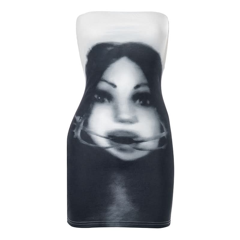 Mysterious Muse Portrait Tube Mini Dress - Edgy Fall Party & Halloween Chic
