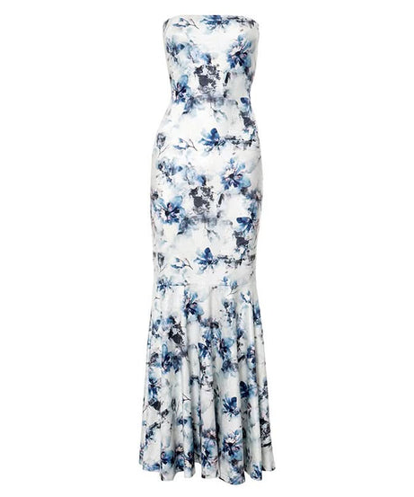 Stunning Blue Floral Strapless Maxi Dress - Elegant Mermaid Gown for Resort & Special Occasions