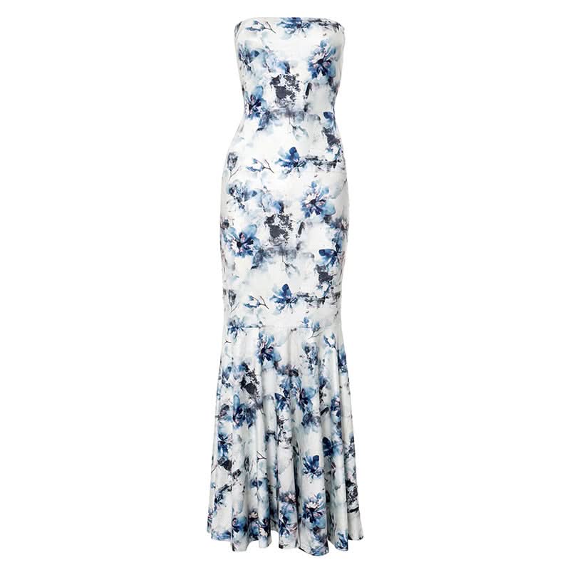 Stunning Blue Floral Strapless Maxi Dress - Elegant Mermaid Gown for Resort & Special Occasions