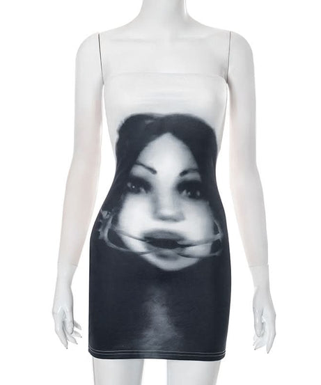 Mysterious Muse Portrait Tube Mini Dress - Edgy Fall Party & Halloween Chic