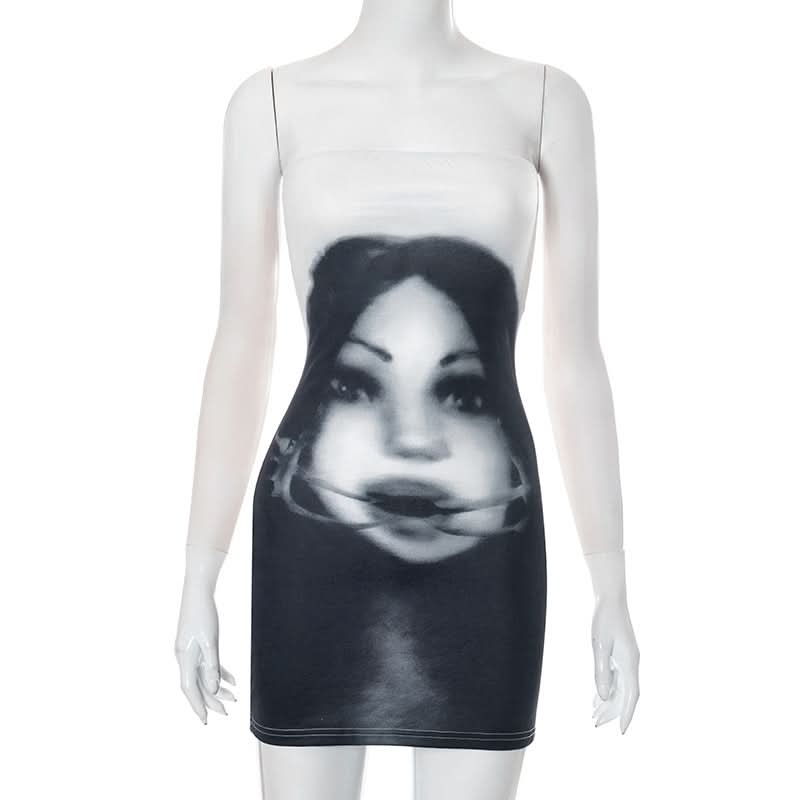 Mysterious Muse Portrait Tube Mini Dress - Edgy Fall Party & Halloween Chic