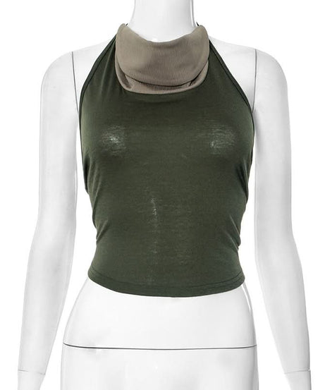 Fall Vibes: Olive Green Layered Mock Neck Halter Crop Top with Tie-Back