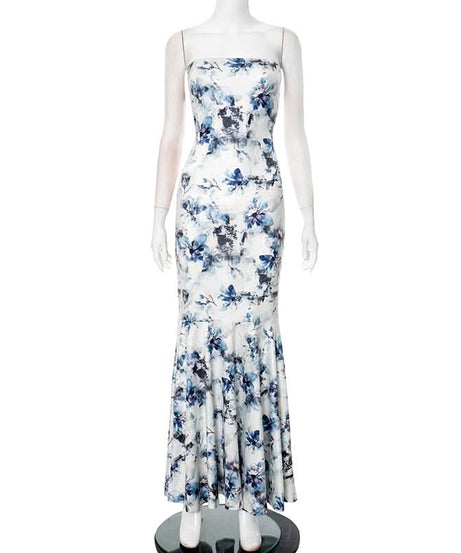 Stunning Blue Floral Strapless Maxi Dress - Elegant Mermaid Gown for Resort & Special Occasions