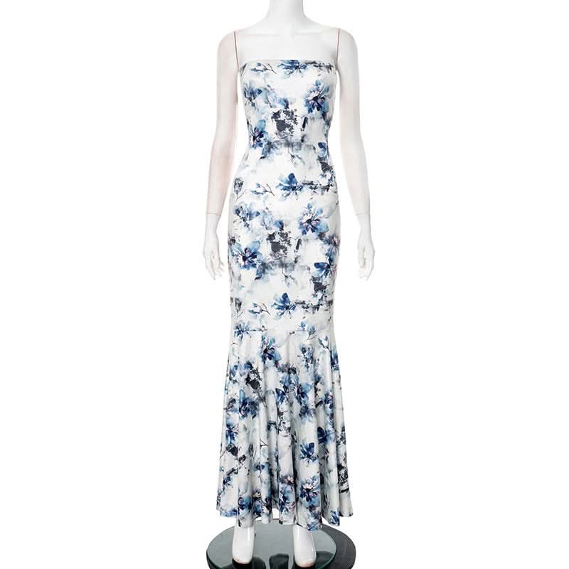Stunning Blue Floral Strapless Maxi Dress - Elegant Mermaid Gown for Resort & Special Occasions