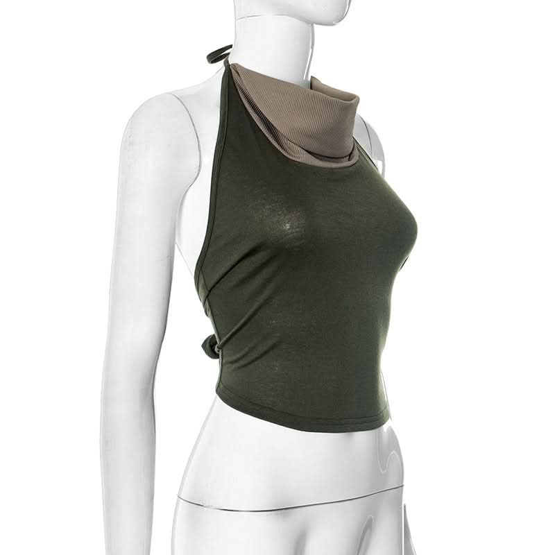 Fall Vibes: Olive Green Layered Mock Neck Halter Crop Top with Tie-Back
