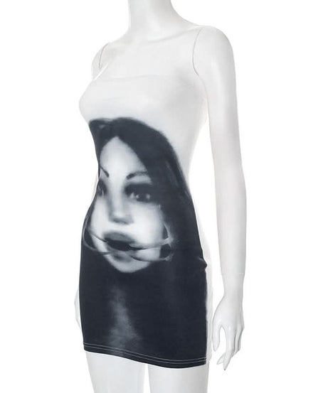 Mysterious Muse Portrait Tube Mini Dress - Edgy Fall Party & Halloween Chic