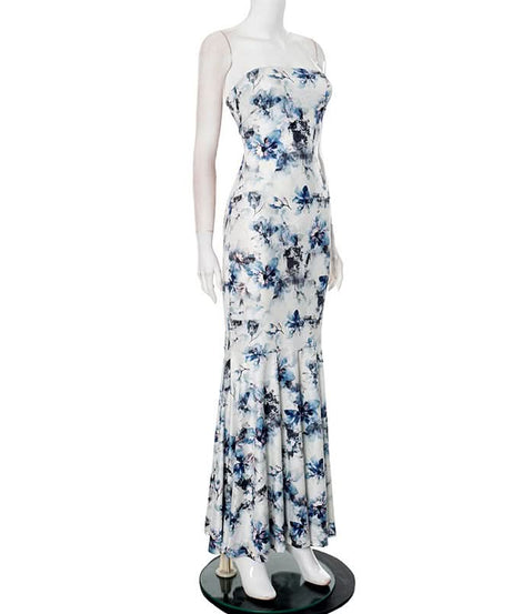 Stunning Blue Floral Strapless Maxi Dress - Elegant Mermaid Gown for Resort & Special Occasions