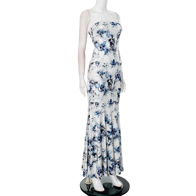 Stunning Blue Floral Strapless Maxi Dress - Elegant Mermaid Gown for Resort & Special Occasions