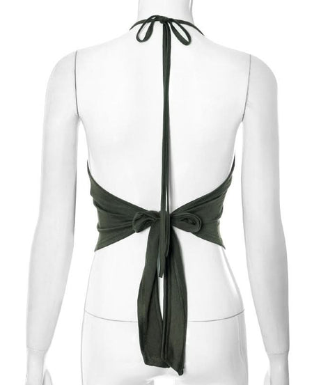 Fall Vibes: Olive Green Layered Mock Neck Halter Crop Top with Tie-Back