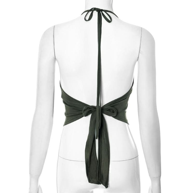 Fall Vibes: Olive Green Layered Mock Neck Halter Crop Top with Tie-Back