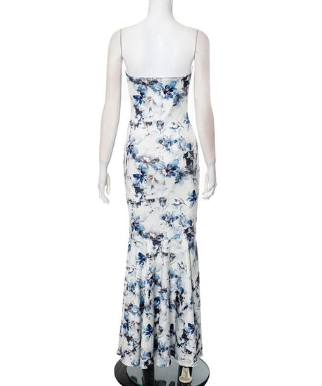 Stunning Blue Floral Strapless Maxi Dress - Elegant Mermaid Gown for Resort & Special Occasions