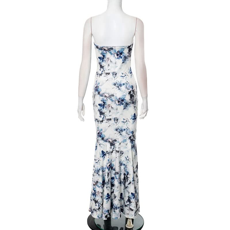 Stunning Blue Floral Strapless Maxi Dress - Elegant Mermaid Gown for Resort & Special Occasions