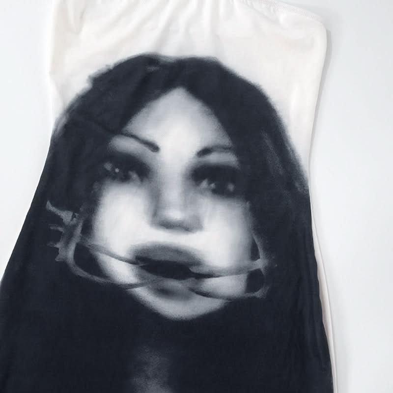Mysterious Muse Portrait Tube Mini Dress - Edgy Fall Party & Halloween Chic