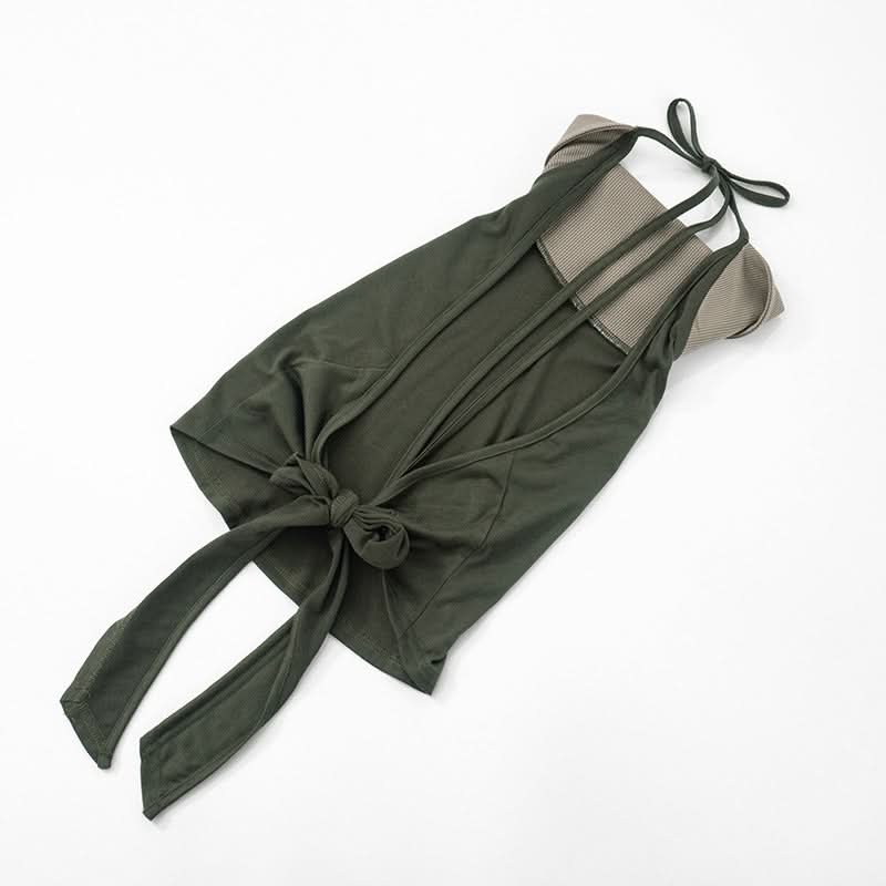 Fall Vibes: Olive Green Layered Mock Neck Halter Crop Top with Tie-Back