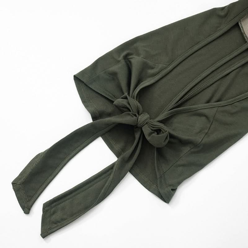 Fall Vibes: Olive Green Layered Mock Neck Halter Crop Top with Tie-Back