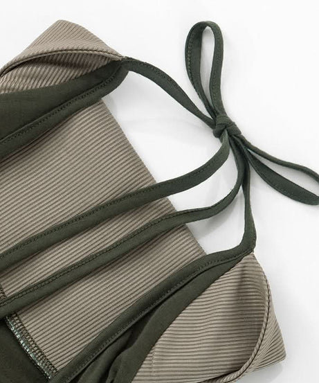 Fall Vibes: Olive Green Layered Mock Neck Halter Crop Top with Tie-Back