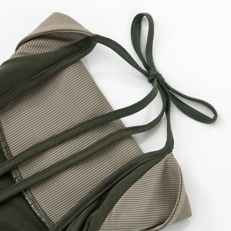 Fall Vibes: Olive Green Layered Mock Neck Halter Crop Top with Tie-Back