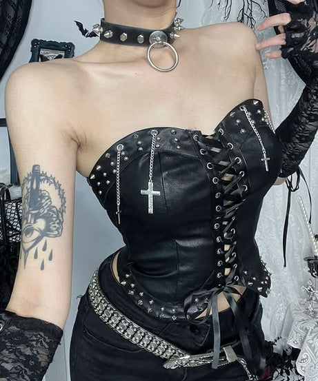 Rebel Chic Studded Faux Leather Lace-Up Corset Bustier - Your Edgy Fall & Halloween Statement Top