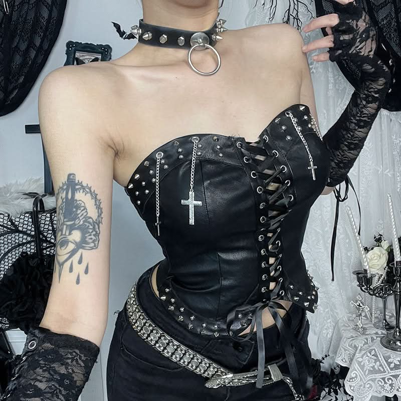 Rebel Chic Studded Faux Leather Lace-Up Corset Bustier - Your Edgy Fall & Halloween Statement Top
