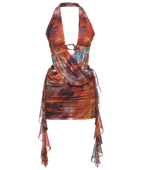 Vibrant Art Print Halter Mini Dress: O-Ring Cutouts & Draped Silhouette - Your Fall Party Statement