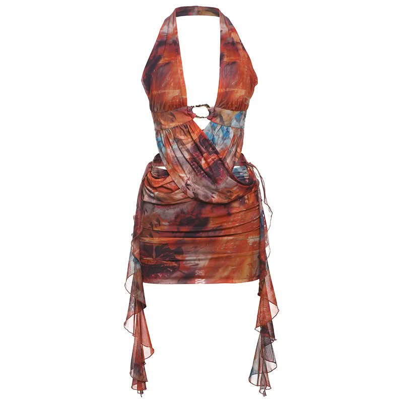 Vibrant Art Print Halter Mini Dress: O-Ring Cutouts & Draped Silhouette - Your Fall Party Statement
