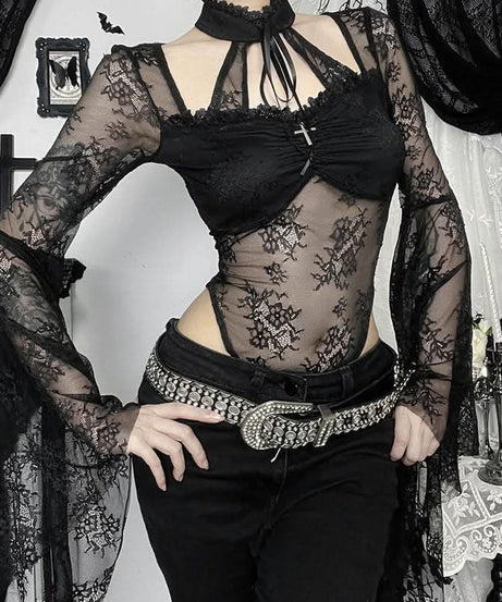 Bewitching Black Lace Bodysuit | Dramatic Bell Sleeves & Choker Neck for Fall & Halloween