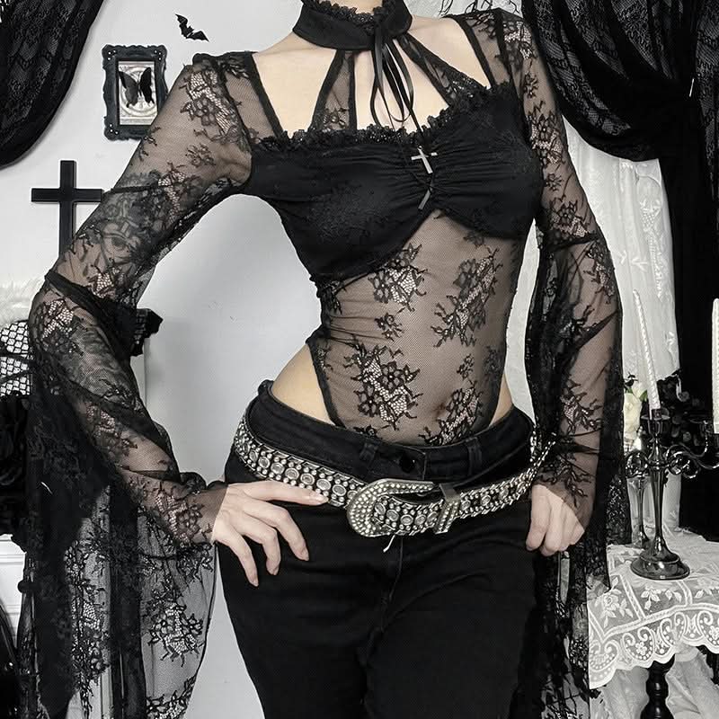 Bewitching Black Lace Bodysuit | Dramatic Bell Sleeves & Choker Neck for Fall & Halloween