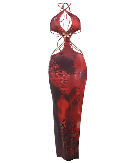 Fall Femme Fatale: Red Halter Cutout Maxi Dress with Gold Chain & Butterfly Detail