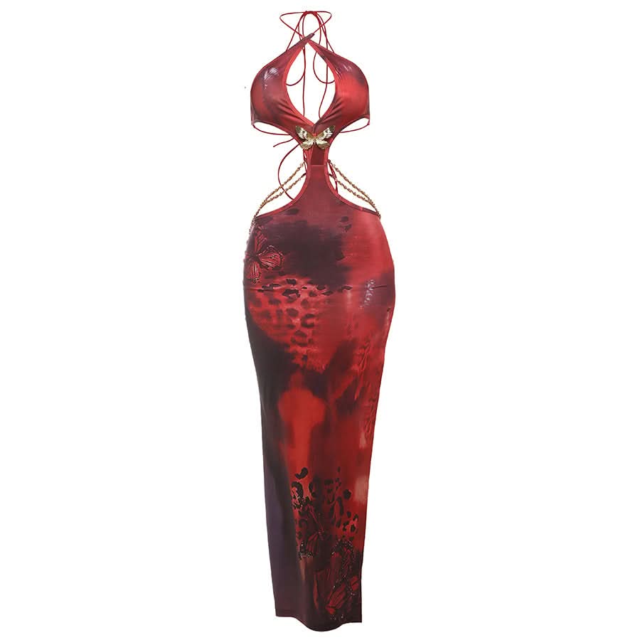 Fall Femme Fatale: Red Halter Cutout Maxi Dress with Gold Chain & Butterfly Detail