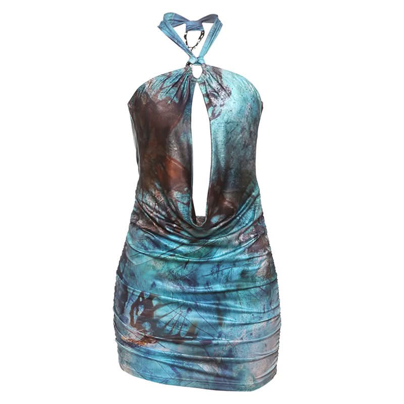 Stunning Abstract Print Halter Cut-Out Mini Dress - Perfect for Fall Nights Out