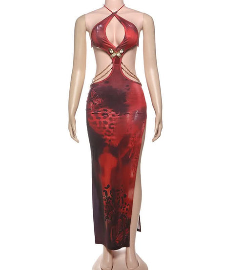 Fall Femme Fatale: Red Halter Cutout Maxi Dress with Gold Chain & Butterfly Detail