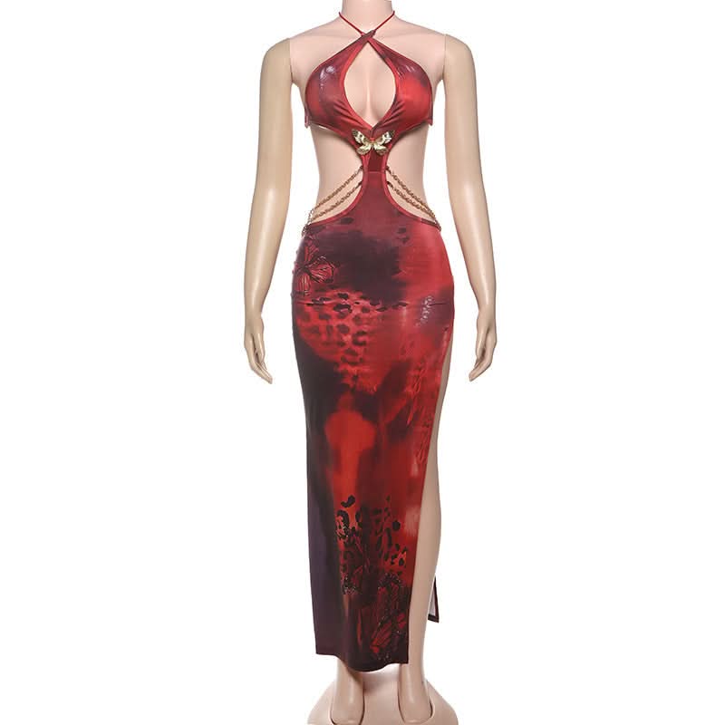 Fall Femme Fatale: Red Halter Cutout Maxi Dress with Gold Chain & Butterfly Detail