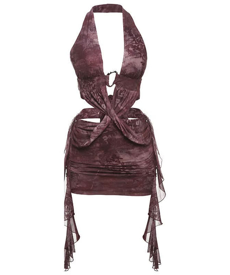 Vibrant Art Print Halter Mini Dress: O-Ring Cutouts & Draped Silhouette - Your Fall Party Statement