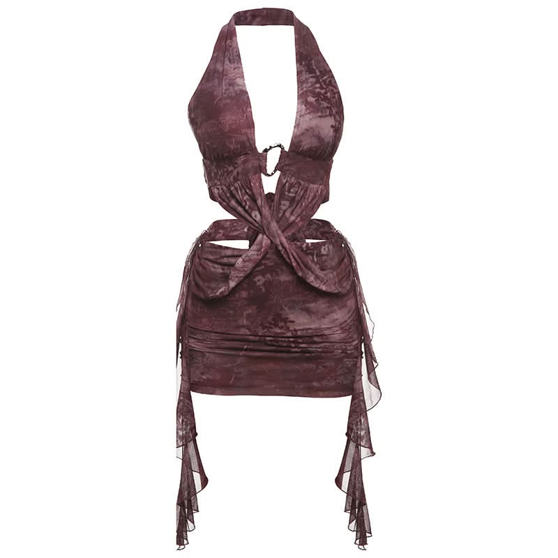 Vibrant Art Print Halter Mini Dress: O-Ring Cutouts & Draped Silhouette - Your Fall Party Statement