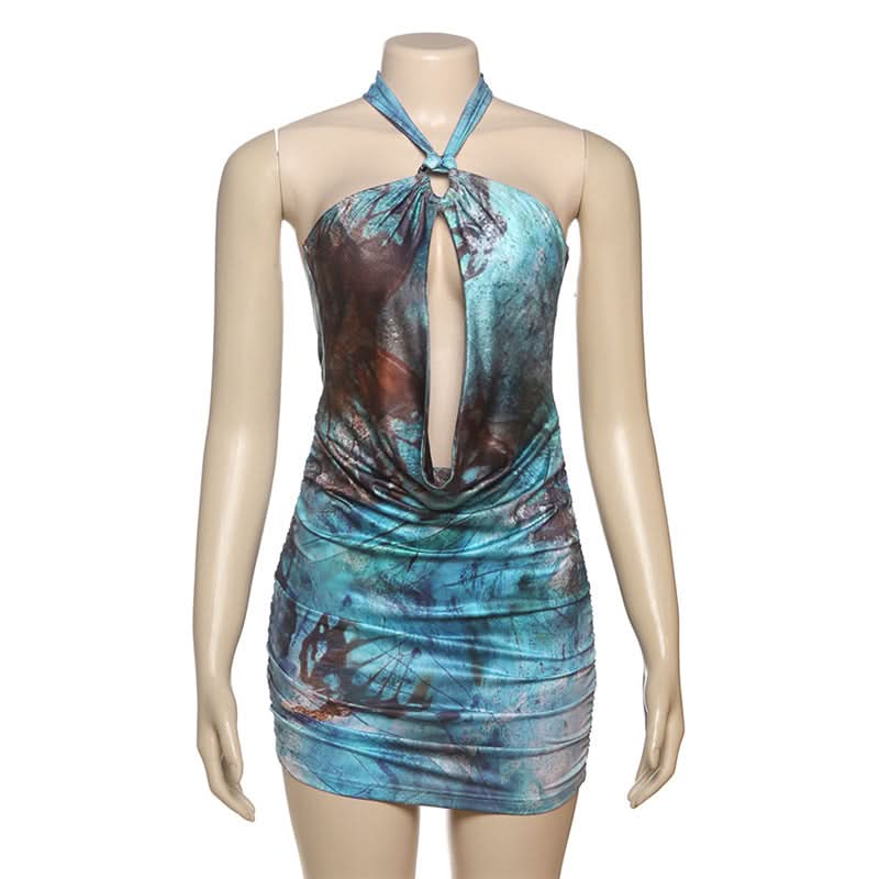 Stunning Abstract Print Halter Cut-Out Mini Dress - Perfect for Fall Nights Out