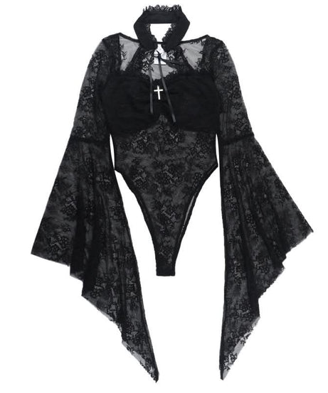 Bewitching Black Lace Bodysuit | Dramatic Bell Sleeves & Choker Neck for Fall & Halloween