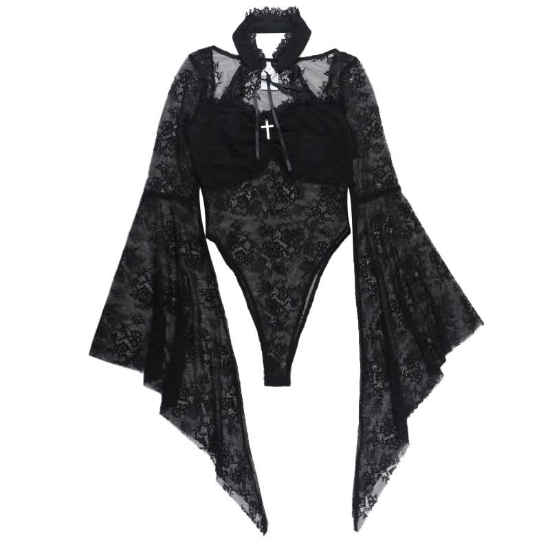 Bewitching Black Lace Bodysuit | Dramatic Bell Sleeves & Choker Neck for Fall & Halloween