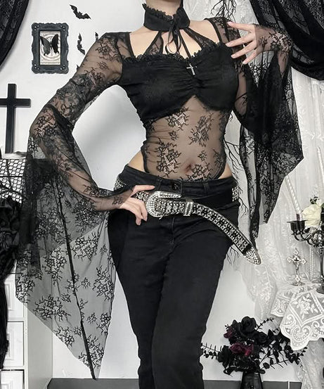 Bewitching Black Lace Bodysuit | Dramatic Bell Sleeves & Choker Neck for Fall & Halloween