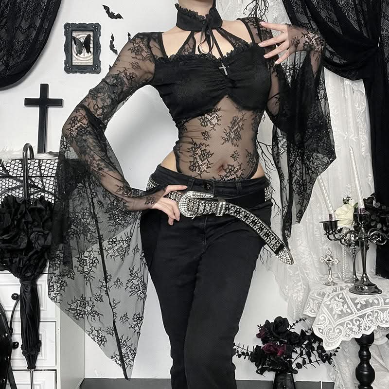Bewitching Black Lace Bodysuit | Dramatic Bell Sleeves & Choker Neck for Fall & Halloween