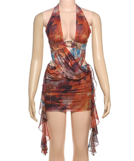 Vibrant Art Print Halter Mini Dress: O-Ring Cutouts & Draped Silhouette - Your Fall Party Statement