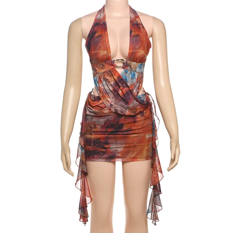 Vibrant Art Print Halter Mini Dress: O-Ring Cutouts & Draped Silhouette - Your Fall Party Statement