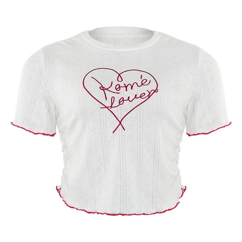 Rome Lover Cropped Ruffle Tee | Women's White Embroidered Knit Top for Fall