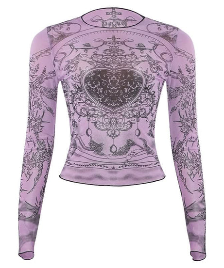 Mystical Heart Sheer Mesh Top - Trendy Lavender Long Sleeve for Fall & Halloween