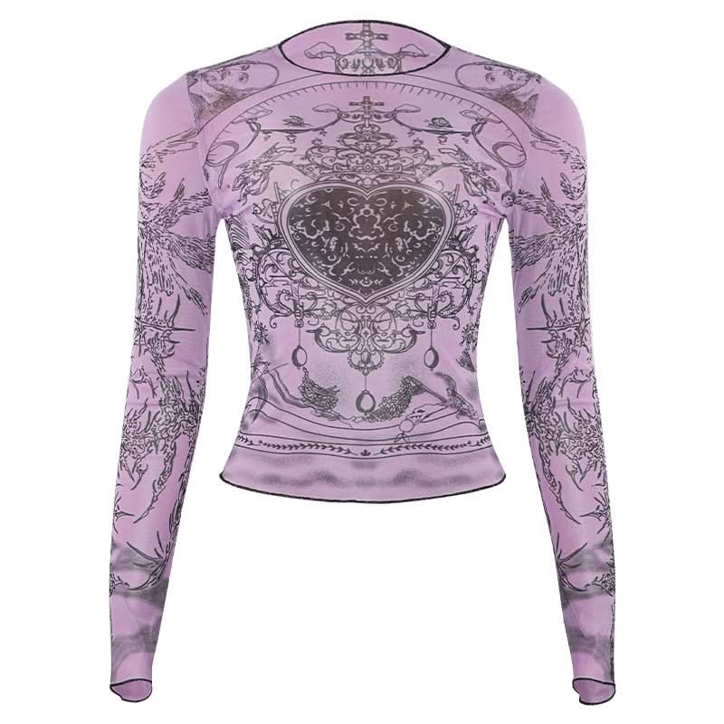 Mystical Heart Sheer Mesh Top - Trendy Lavender Long Sleeve for Fall & Halloween