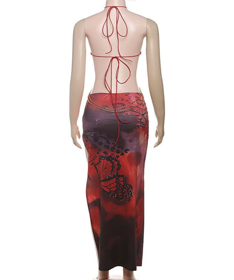 Fall Femme Fatale: Red Halter Cutout Maxi Dress with Gold Chain & Butterfly Detail