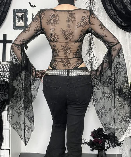 Bewitching Black Lace Bodysuit | Dramatic Bell Sleeves & Choker Neck for Fall & Halloween
