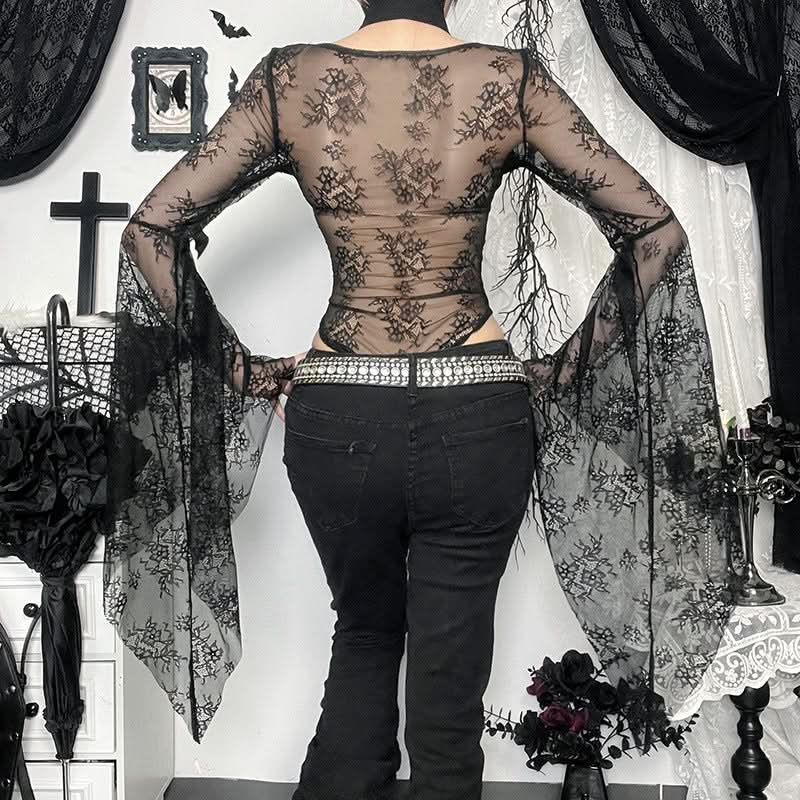 Bewitching Black Lace Bodysuit | Dramatic Bell Sleeves & Choker Neck for Fall & Halloween