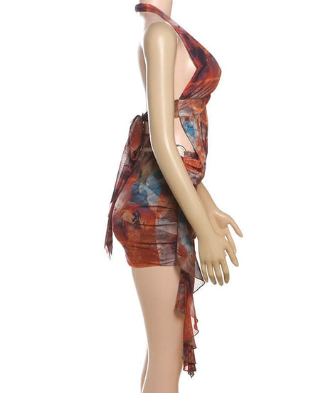 Vibrant Art Print Halter Mini Dress: O-Ring Cutouts & Draped Silhouette - Your Fall Party Statement