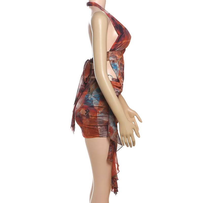 Vibrant Art Print Halter Mini Dress: O-Ring Cutouts & Draped Silhouette - Your Fall Party Statement